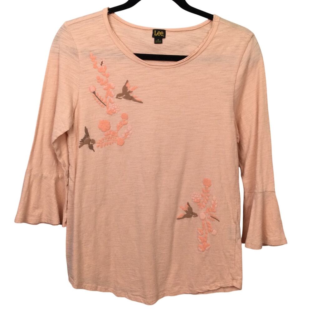 Lee Bird Puff Textured Floral Applique 3/4 Flare Sleeve Pullover Top Women's M